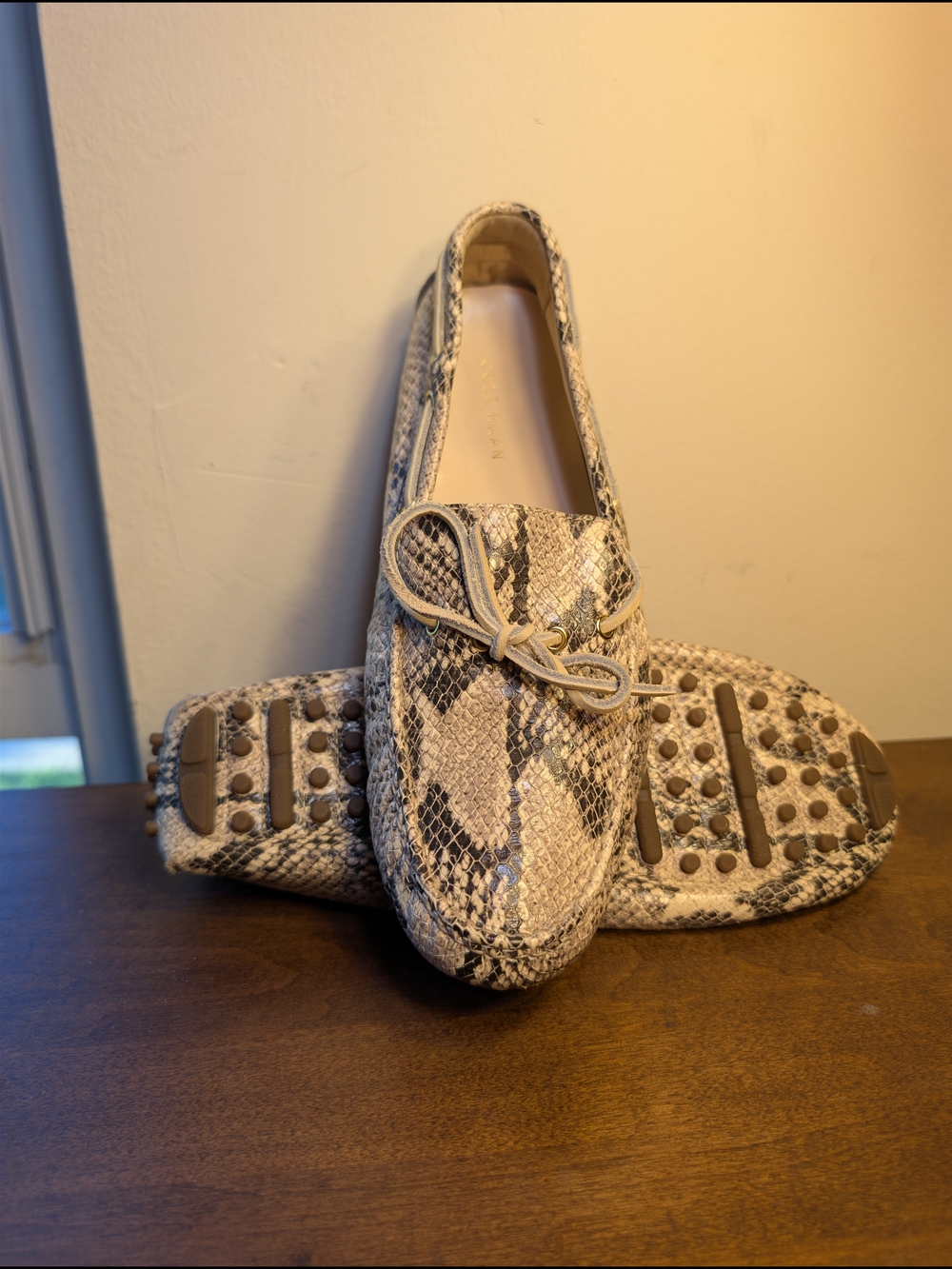 Cole Haan Women's Snake-Print Driving Moccasins in Beige and Black